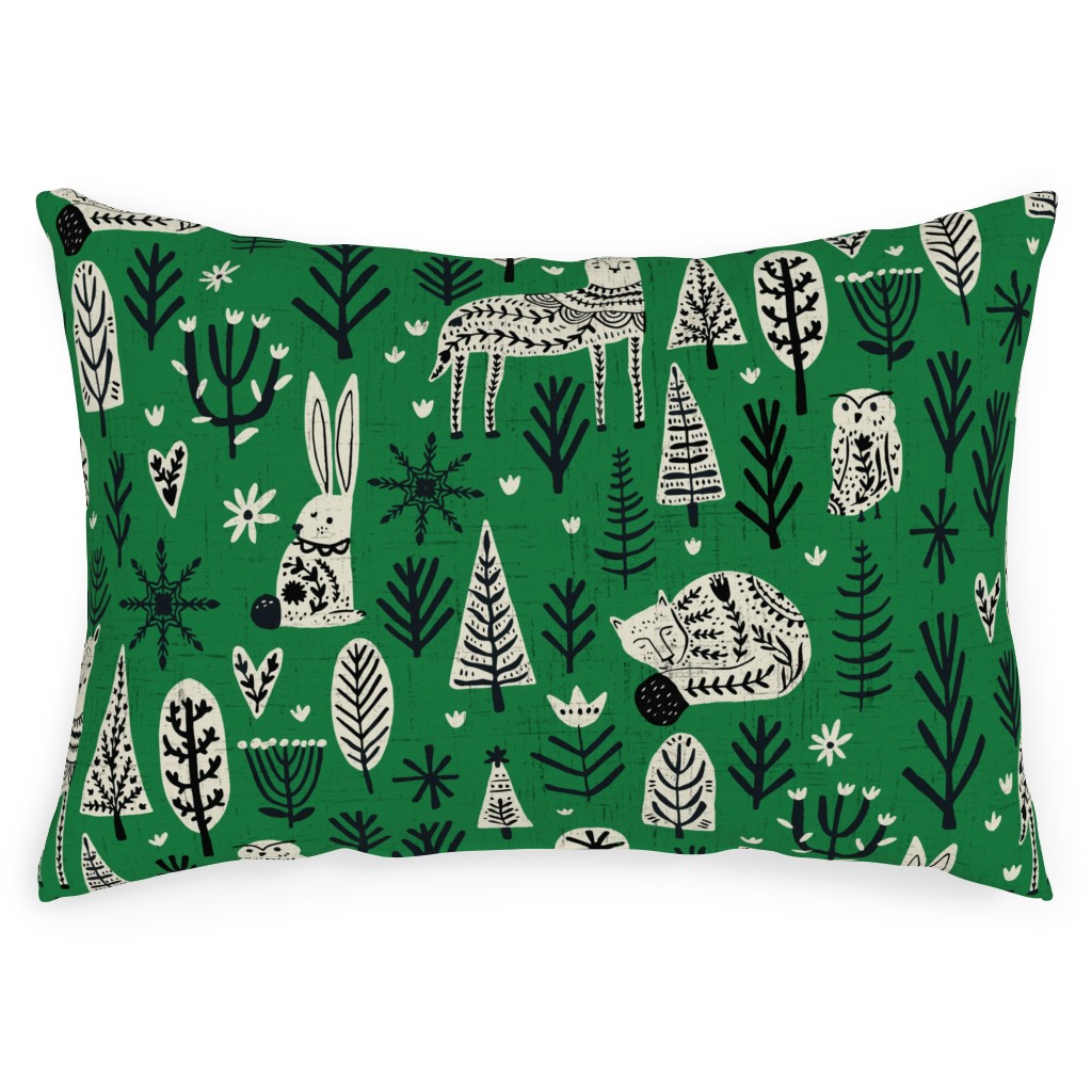 Scandi Snowflake Holiday - Alligator Green With Vanilla & Black Outdoor Pillow, 14x20, Single Sided, Green