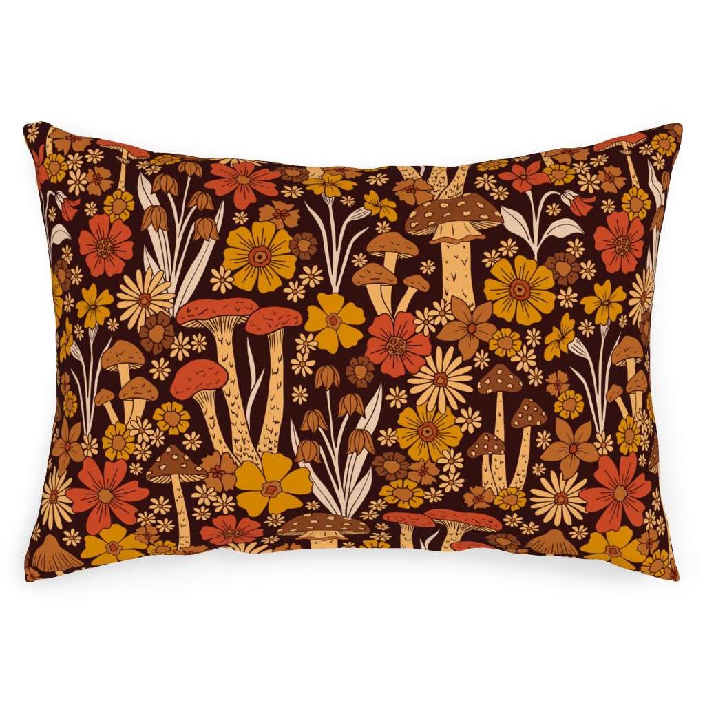 Retro 1970s Mushroom & Flowers - Brown and Orange Outdoor Pillow, 14x20, Single Sided, Orange