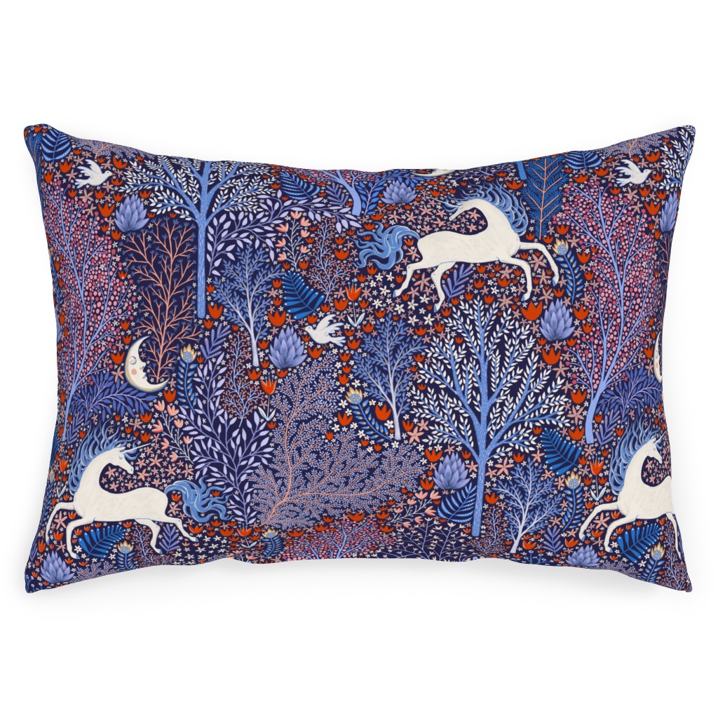 Unicorn in Nocturnal Forest - Purple Outdoor Pillow, 14x20, Single Sided, Purple