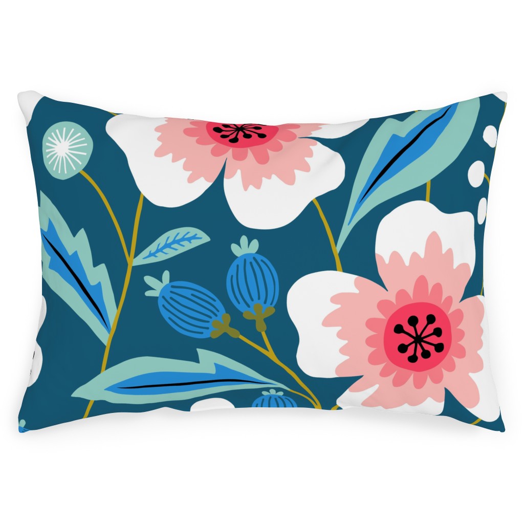 Colorful Spring Flowers - Pink on Blue Outdoor Pillow, 14x20, Single Sided, Green
