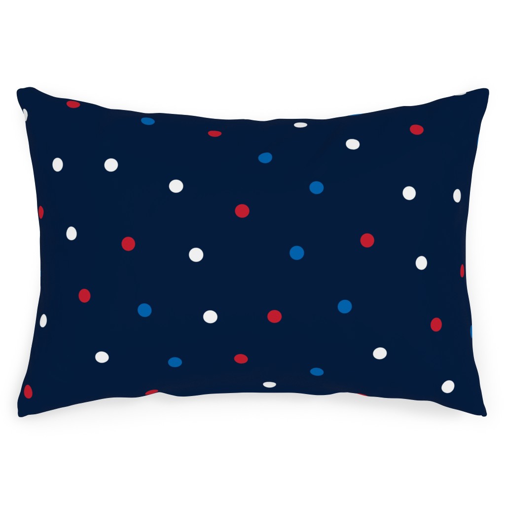 Mixed Polka Dots - Red White and Royal on Navy Blue Outdoor Pillow, 14x20, Single Sided, Blue