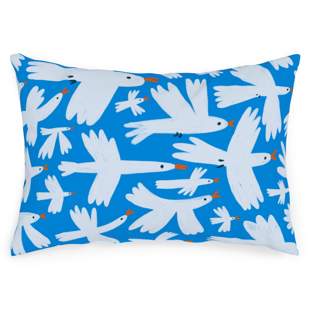 White Birds on Blue Outdoor Pillow, 14x20, Single Sided, Blue