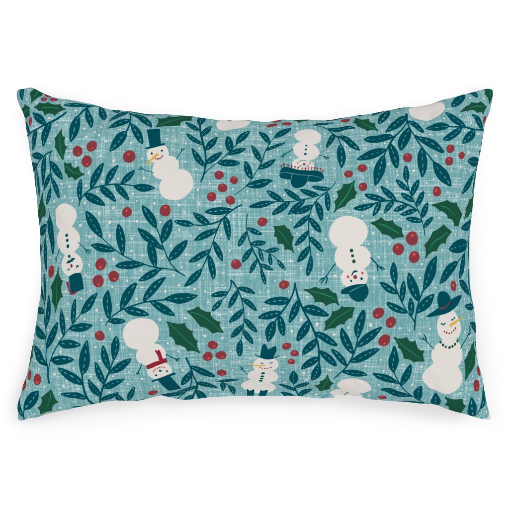Snowmen in Winter Wonderland - Blue Outdoor Pillow, 14x20, Single Sided, Blue