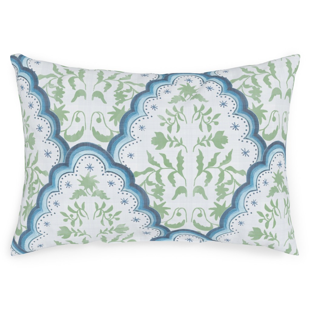 Scallop Paisley - Blue and Green Outdoor Pillow, 14x20, Single Sided, Green
