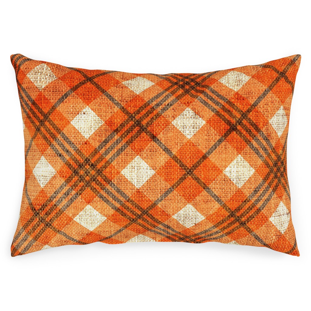 Burlap Plaid - Orange and Grey Outdoor Pillow, 14x20, Double Sided, Orange