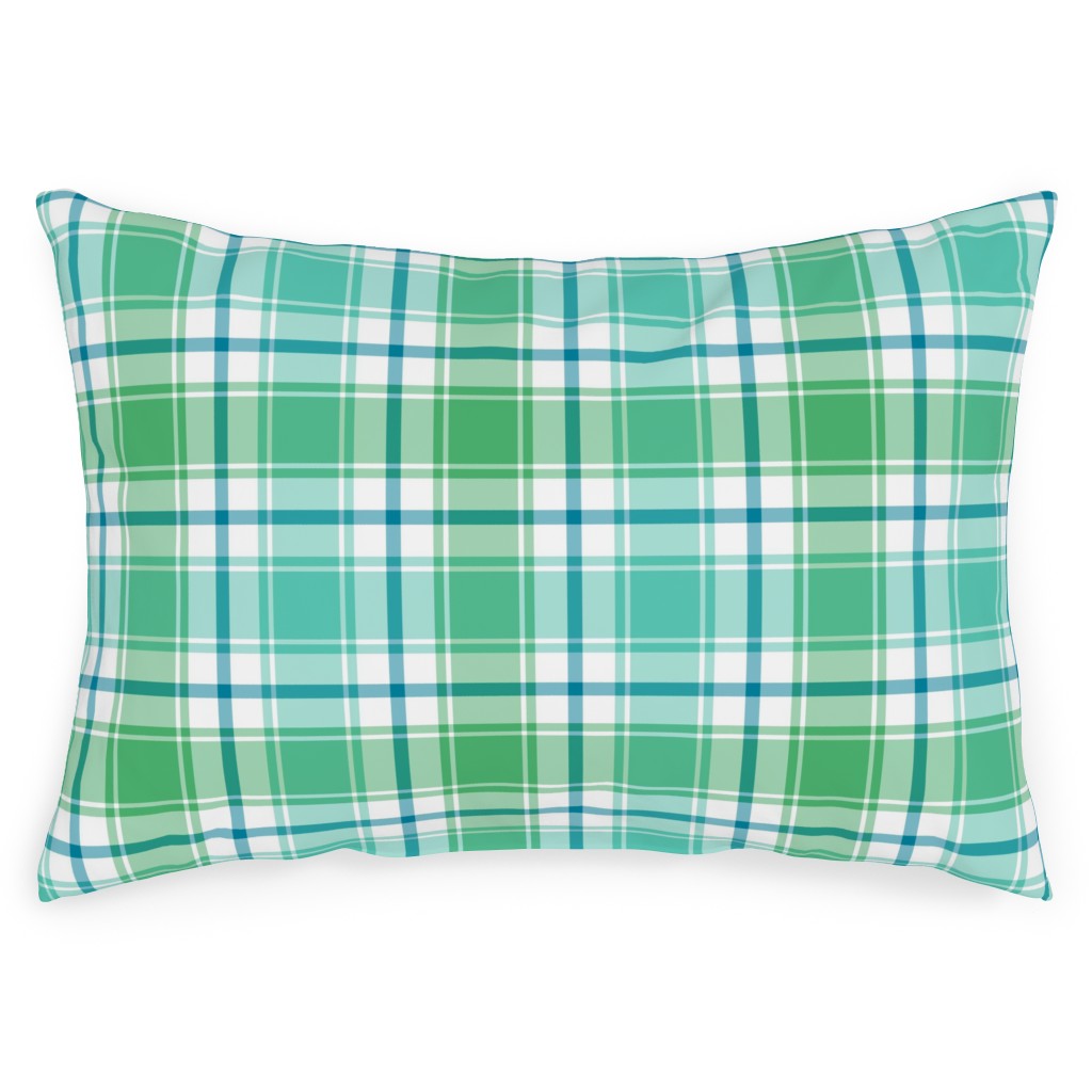 Blue, Green, Turquoise, and White Plaid Outdoor Pillow, 14x20, Double Sided, Green