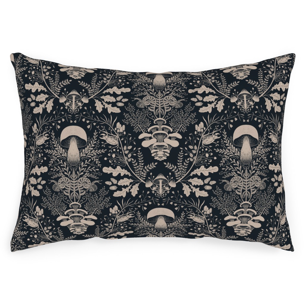 Mushroom Forest Damask - Dark Outdoor Pillow, 14x20, Double Sided, Black