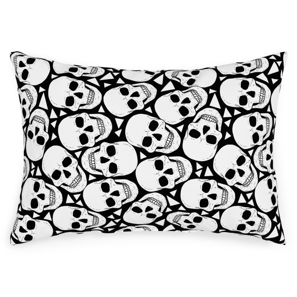 Skulls With Triangles - Black and White Outdoor Pillow, 14x20, Double Sided, White