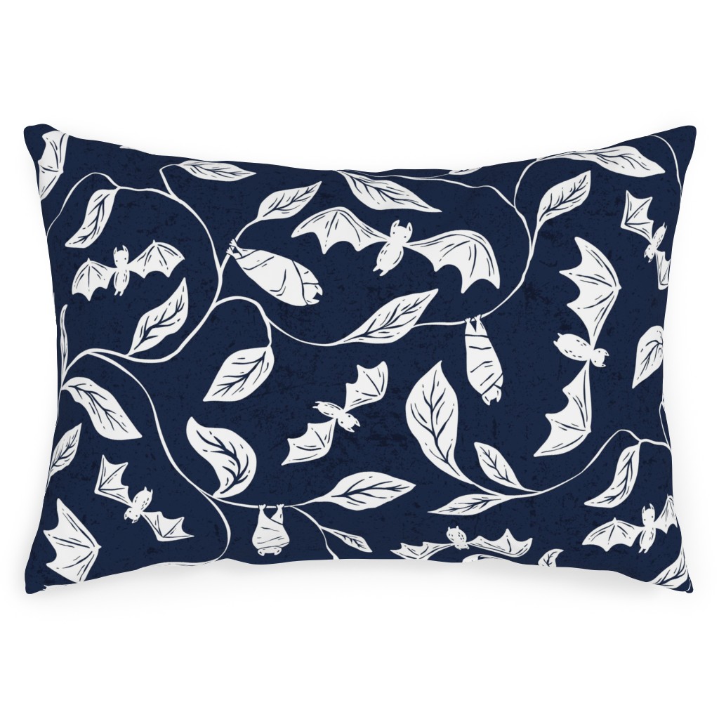 Bat Forest - White on Navy Outdoor Pillow, 14x20, Double Sided, Blue