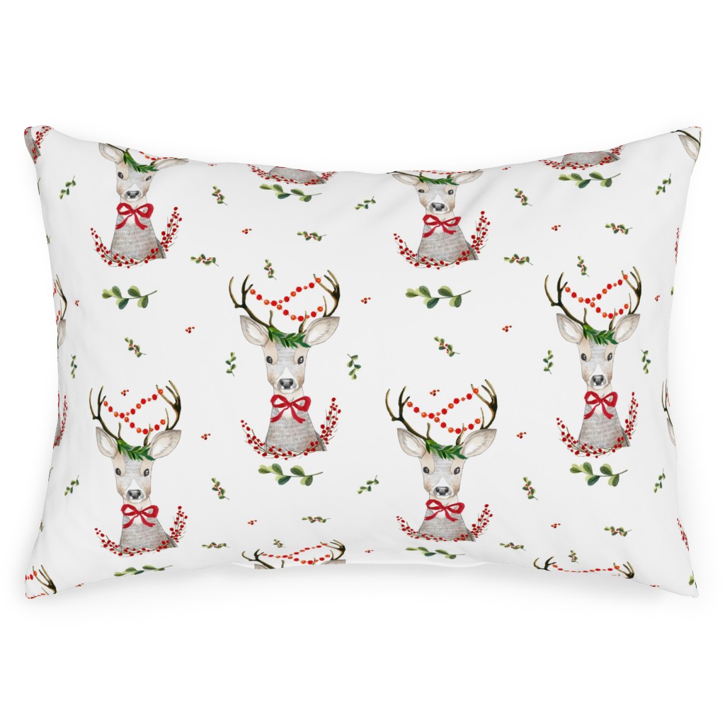 Holiday Fancy Deer With Holly Outdoor Pillow, 14x20, Double Sided, Multicolor