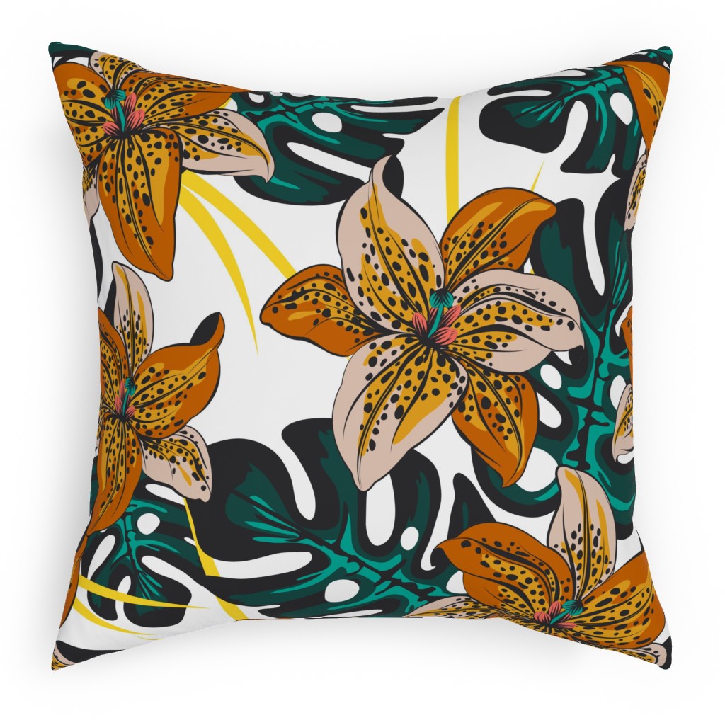 Tropical Lily on White Outdoor Pillow, 18x18, Single Sided, Multicolor