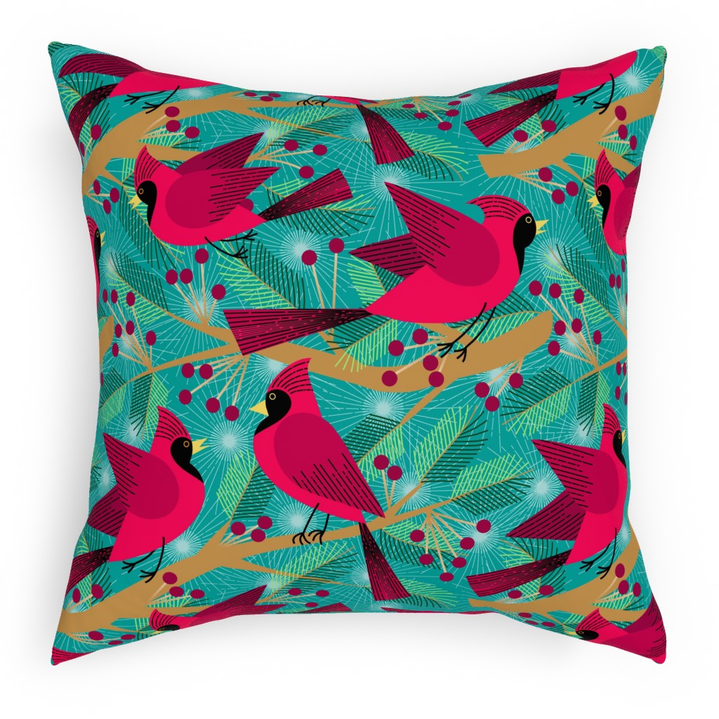 Winter Solstice Cardinals - Green Outdoor Pillow, 18x18, Single Sided, Green