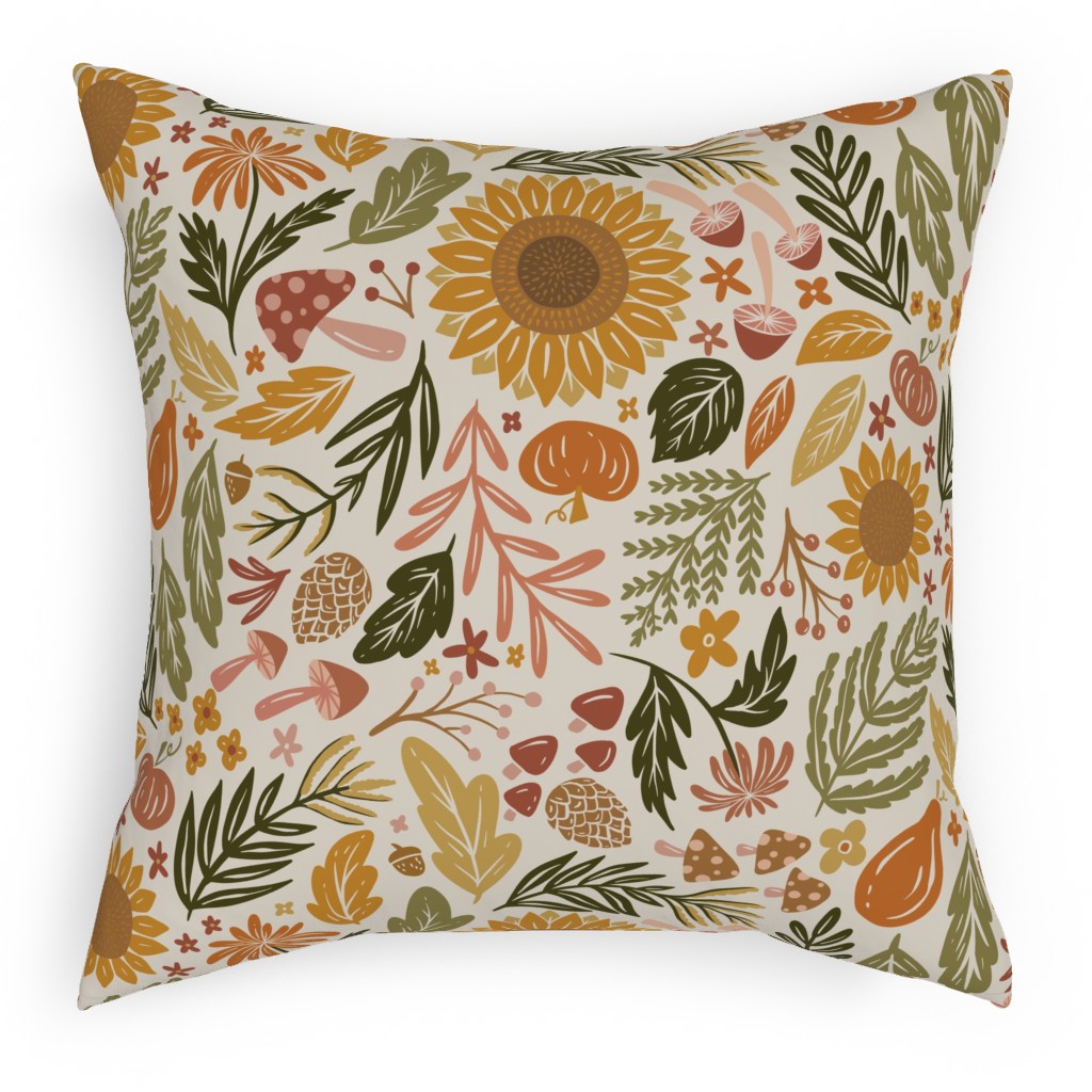 Autumn Botanicals - Leaves, Acorns, Sunflowers, Ferns, Mums, Pinecones, Mushrooms - Light Outdoor Pillow, 18x18, Single Sided, Multicolor