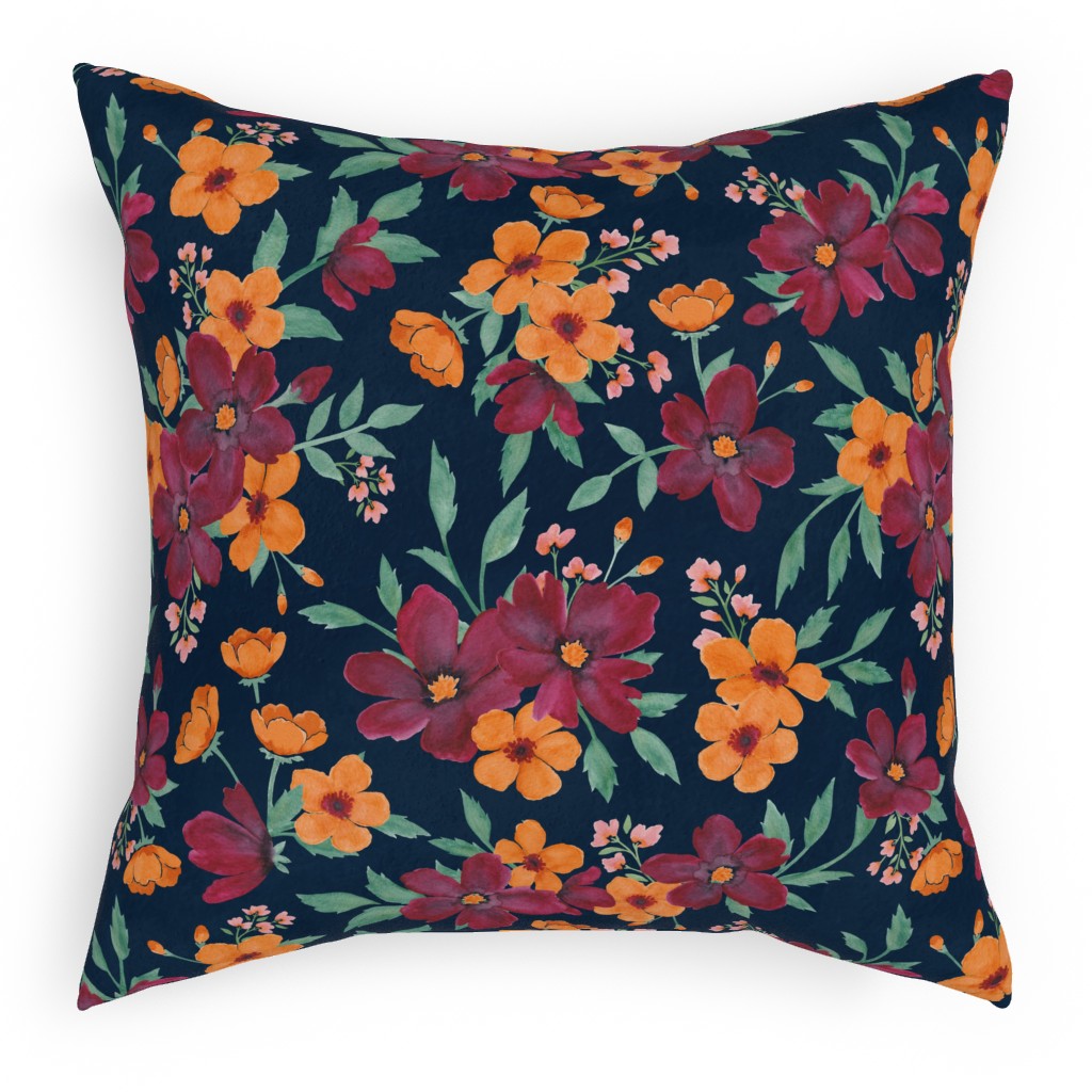 Watercolor Autumn Florals - Navy Outdoor Pillow, 18x18, Single Sided, Multicolor