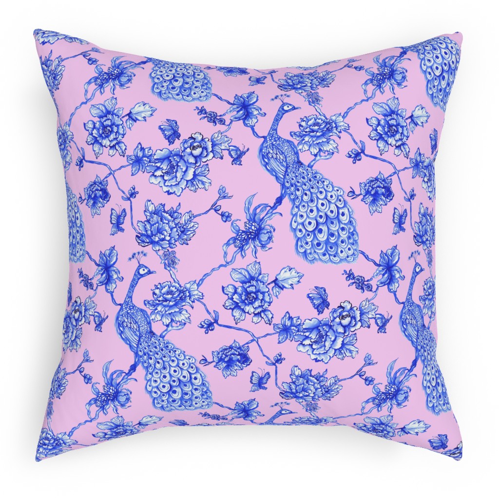 Chinoiserie Peacock Floral Outdoor Pillow, 18x18, Single Sided, Pink