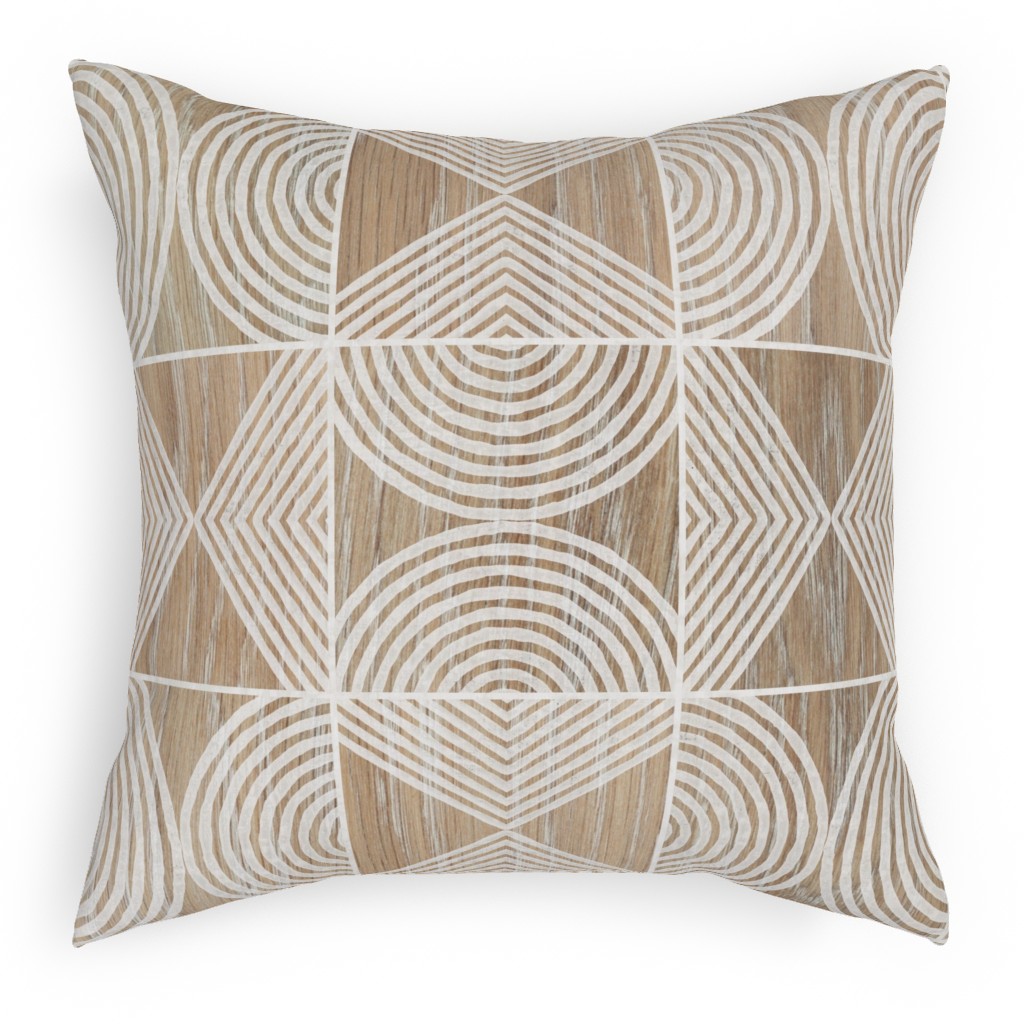 Boho Tribal Woodcut Geometric Shapes Outdoor Pillow, 18x18, Single Sided, Beige