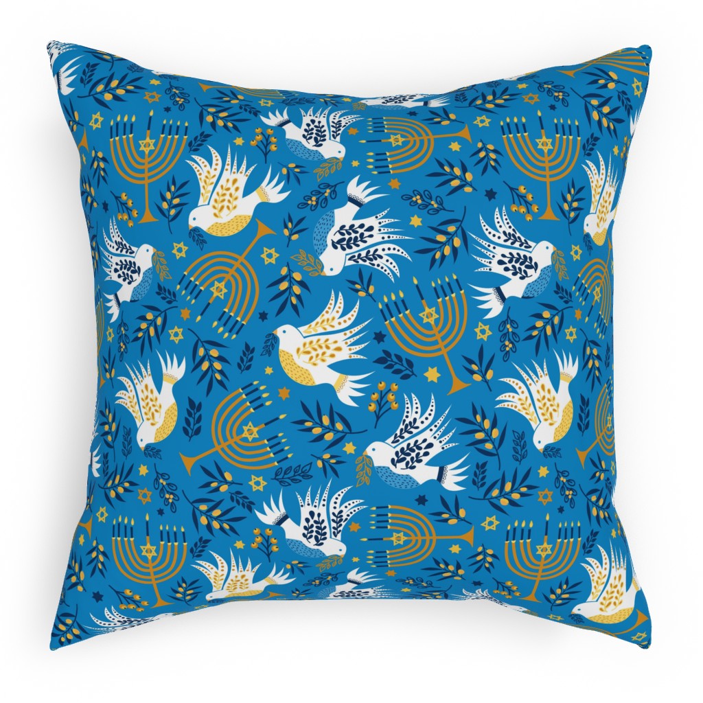 Hanukkah Birds Menorahs - Light Blue Outdoor Pillow, 18x18, Double Sided, Blue