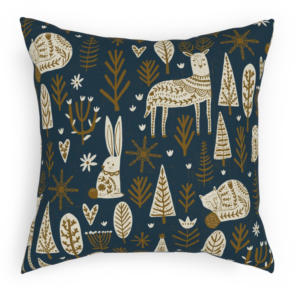 Scandi Snowflake Holiday - Prussian Blue With Pecan and Vanilla Outdoor Pillow, 18x18, Double Sided, Blue