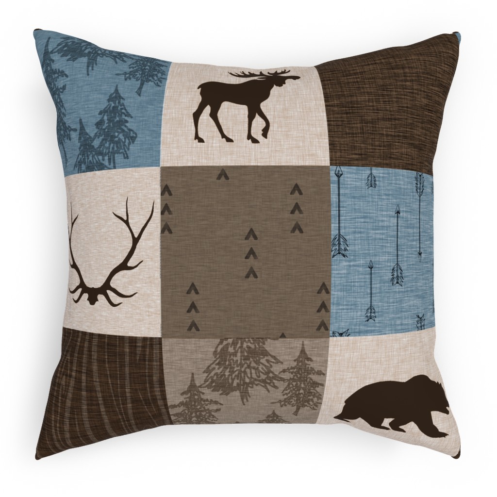 Rustic Woodlands - Blue, Brown and Cream Outdoor Pillow, 18x18, Double Sided, Brown