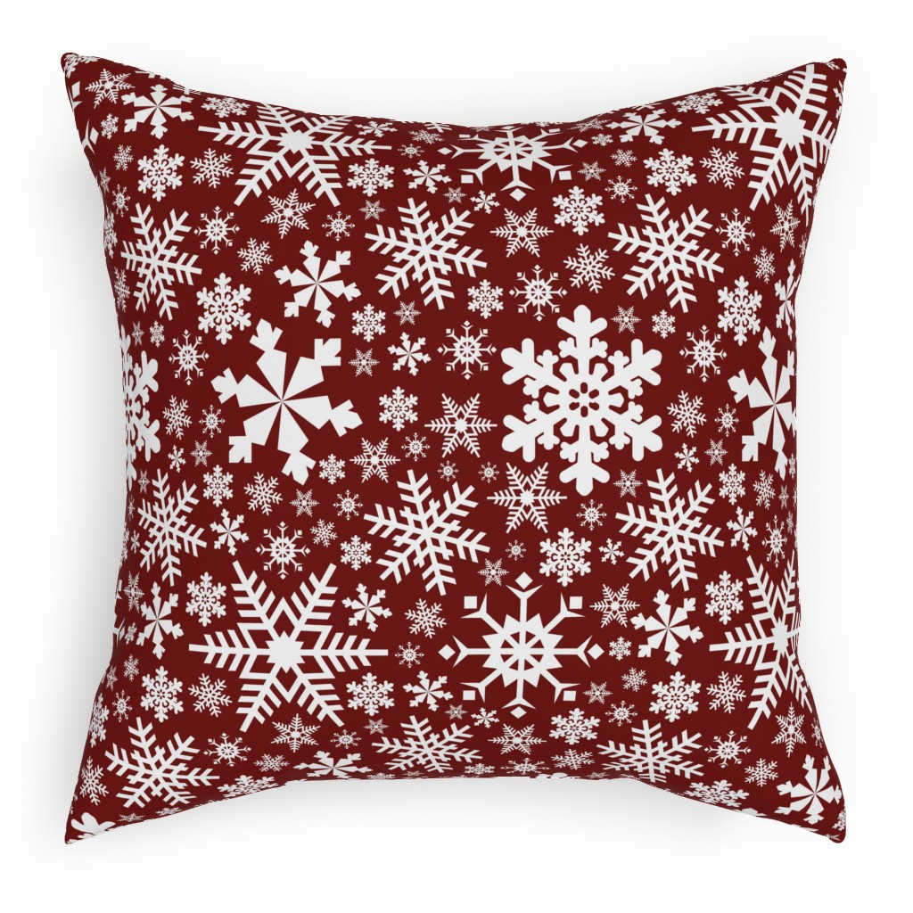 Christmas White Snowflakes on Red Background Outdoor Pillow, 18x18, Double Sided, Red