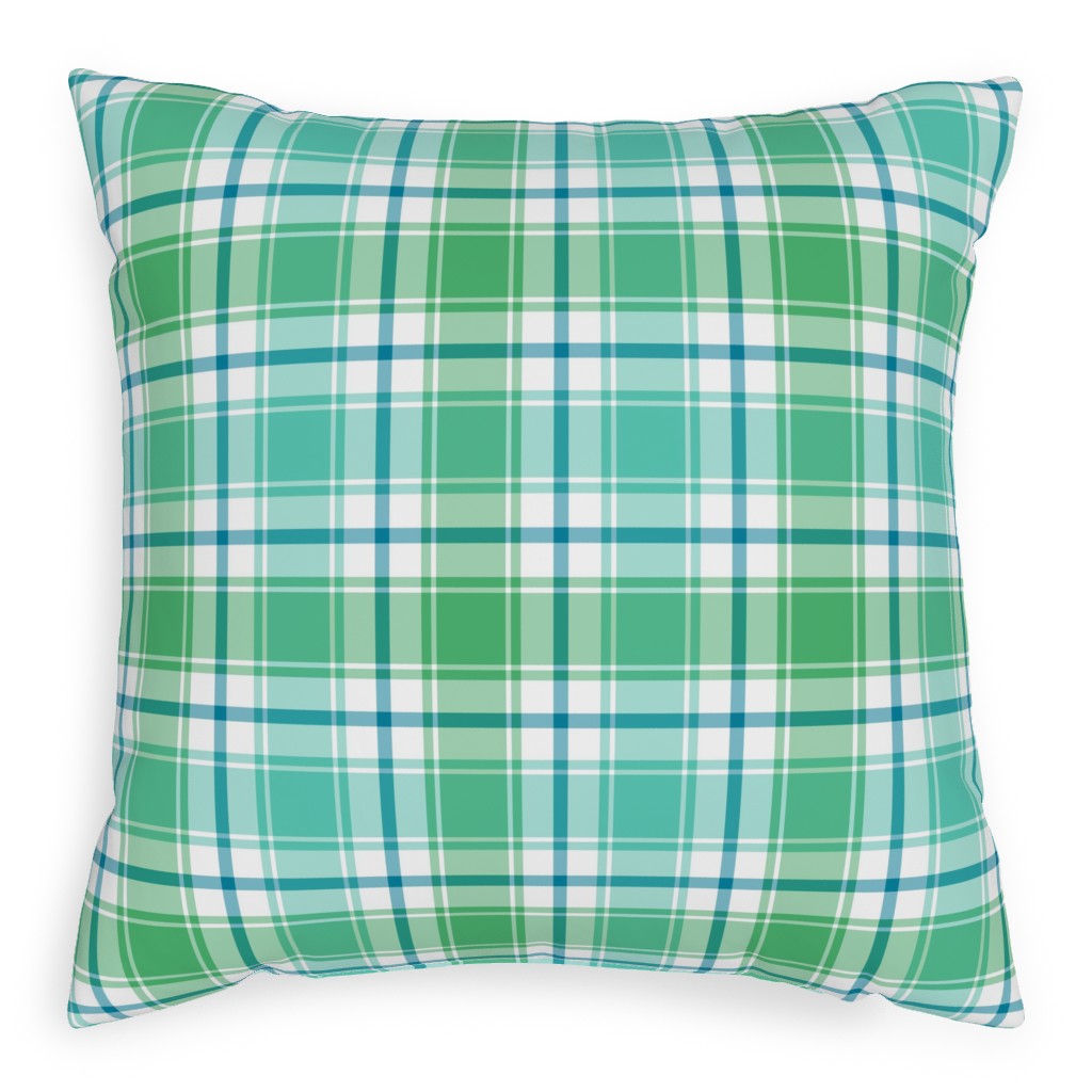 Blue, Green, Turquoise, and White Plaid Outdoor Pillow, 20x20, Single Sided, Green