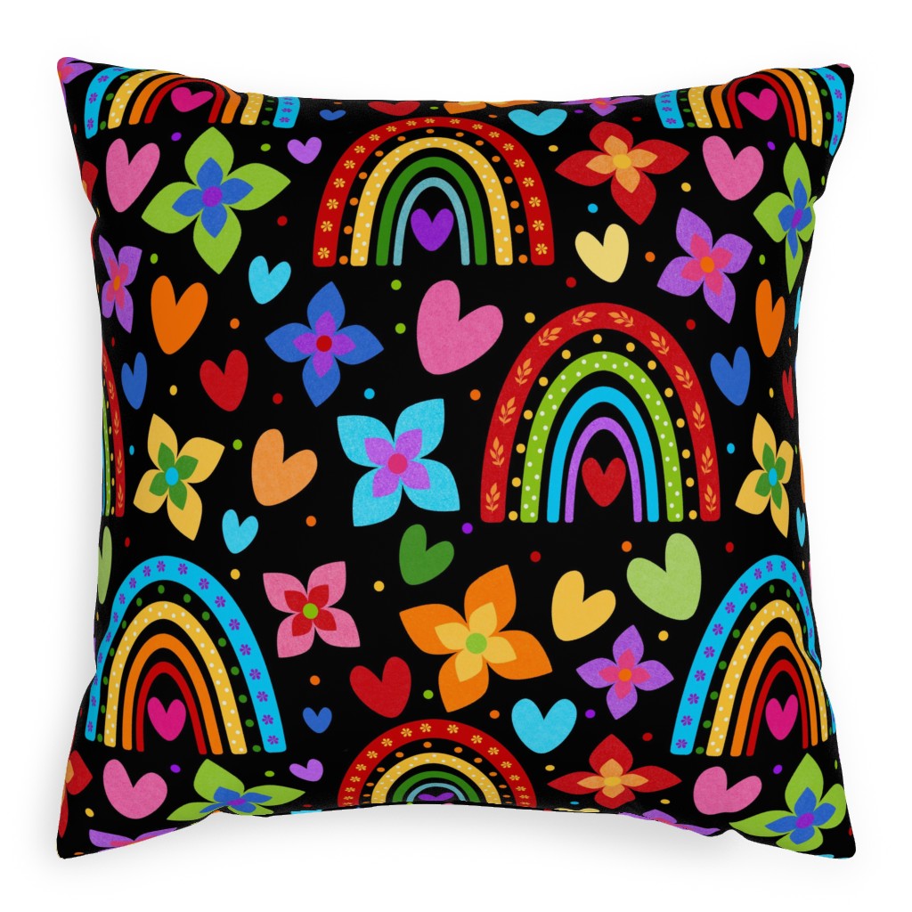 Colorful Rainbows, Flowers, Hearts - Black Outdoor Pillow, 20x20, Single Sided, Multicolor
