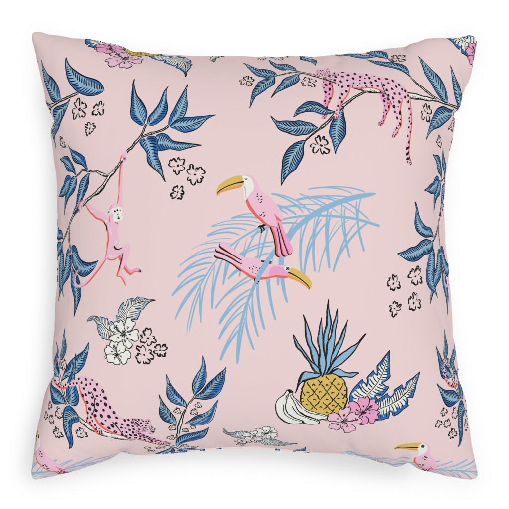 Jungle Toile - Pink Outdoor Pillow, 20x20, Single Sided, Pink