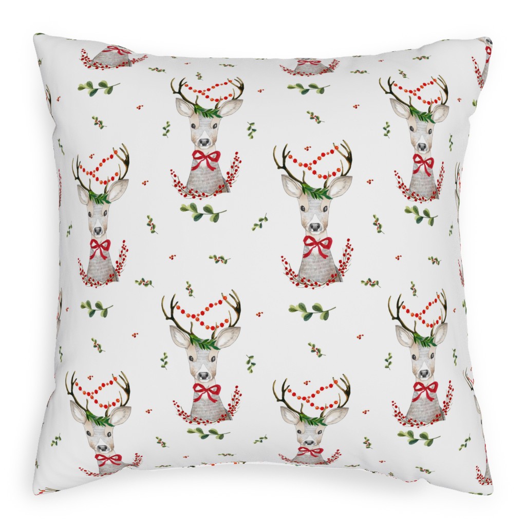 Holiday Fancy Deer With Holly Outdoor Pillow, 20x20, Single Sided, Multicolor