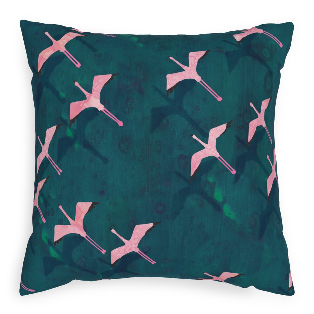 Flamingos Flying Outdoor Pillow, 20x20, Single Sided, Green