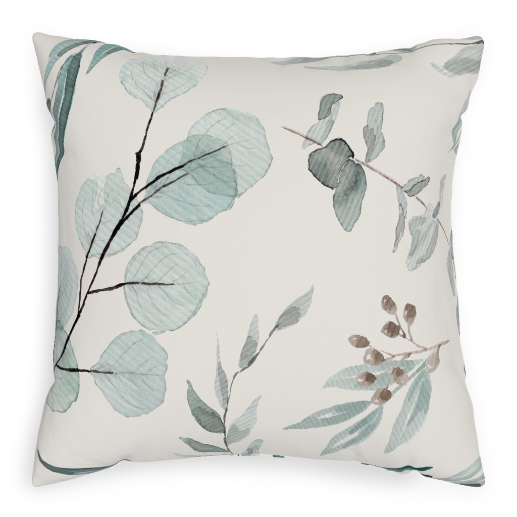 Eucalyptus Leaves on Cream Background Outdoor Pillow, 20x20, Single Sided, Green