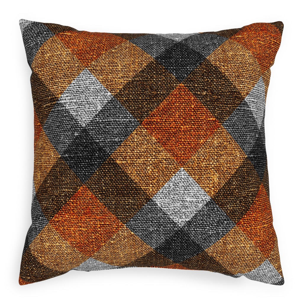 Fall Textured Plaid - Orange and Gray Outdoor Pillow, 20x20, Double Sided, Orange