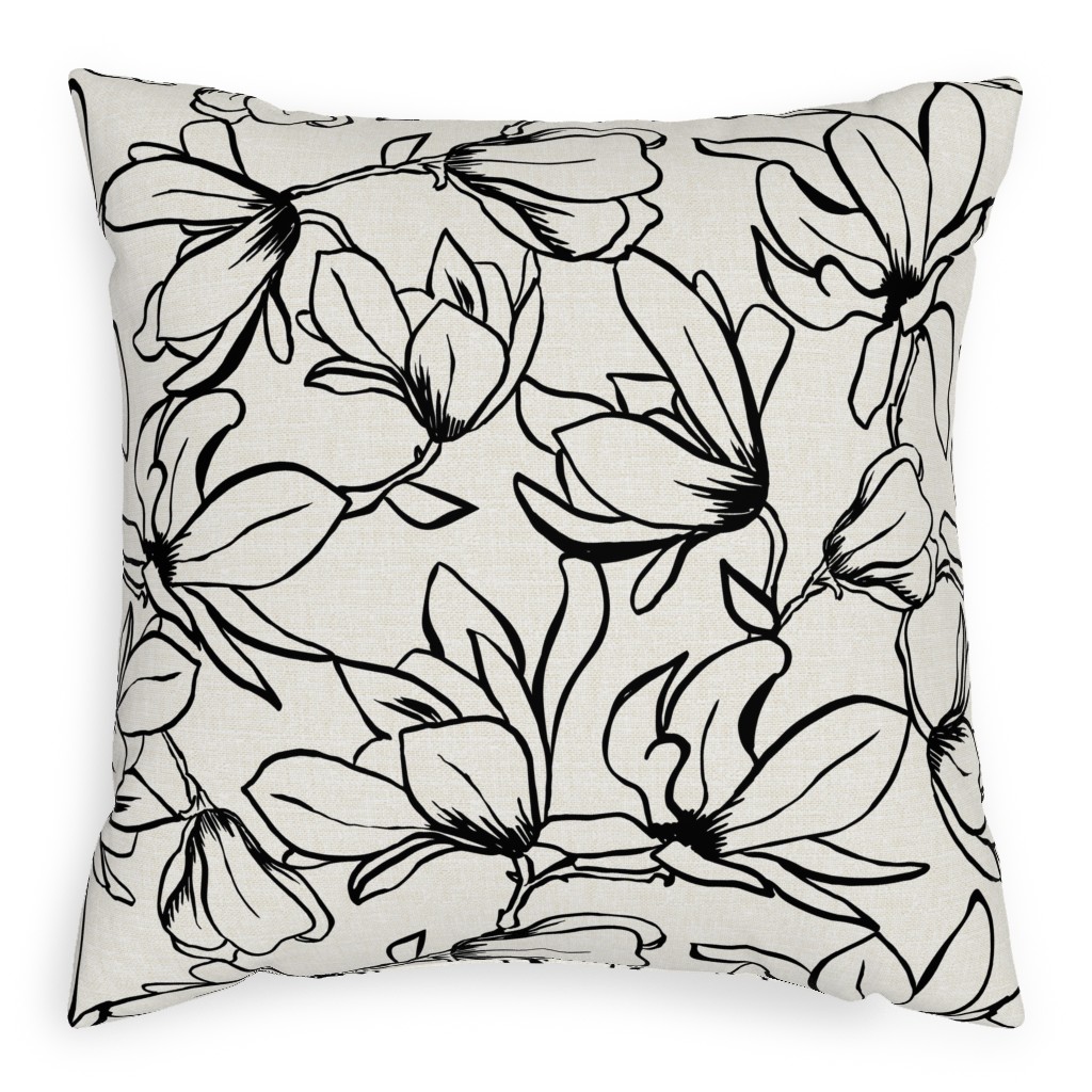 Magnolia Garden - Textured - White & Black Outdoor Pillow, 20x20, Double Sided, Beige