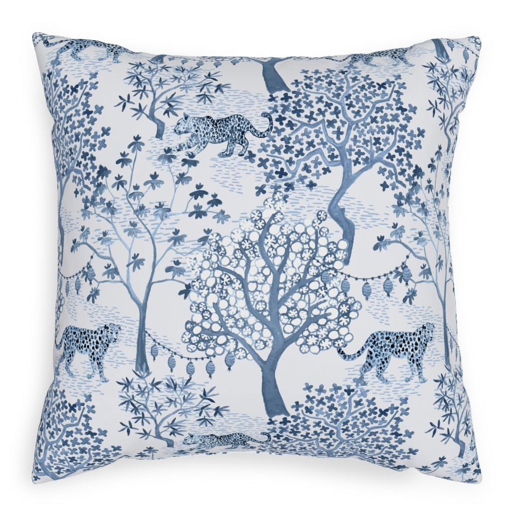 Leopard Toile With Lanterns Cornflower Outdoor Pillow, 20x20, Double Sided, Blue