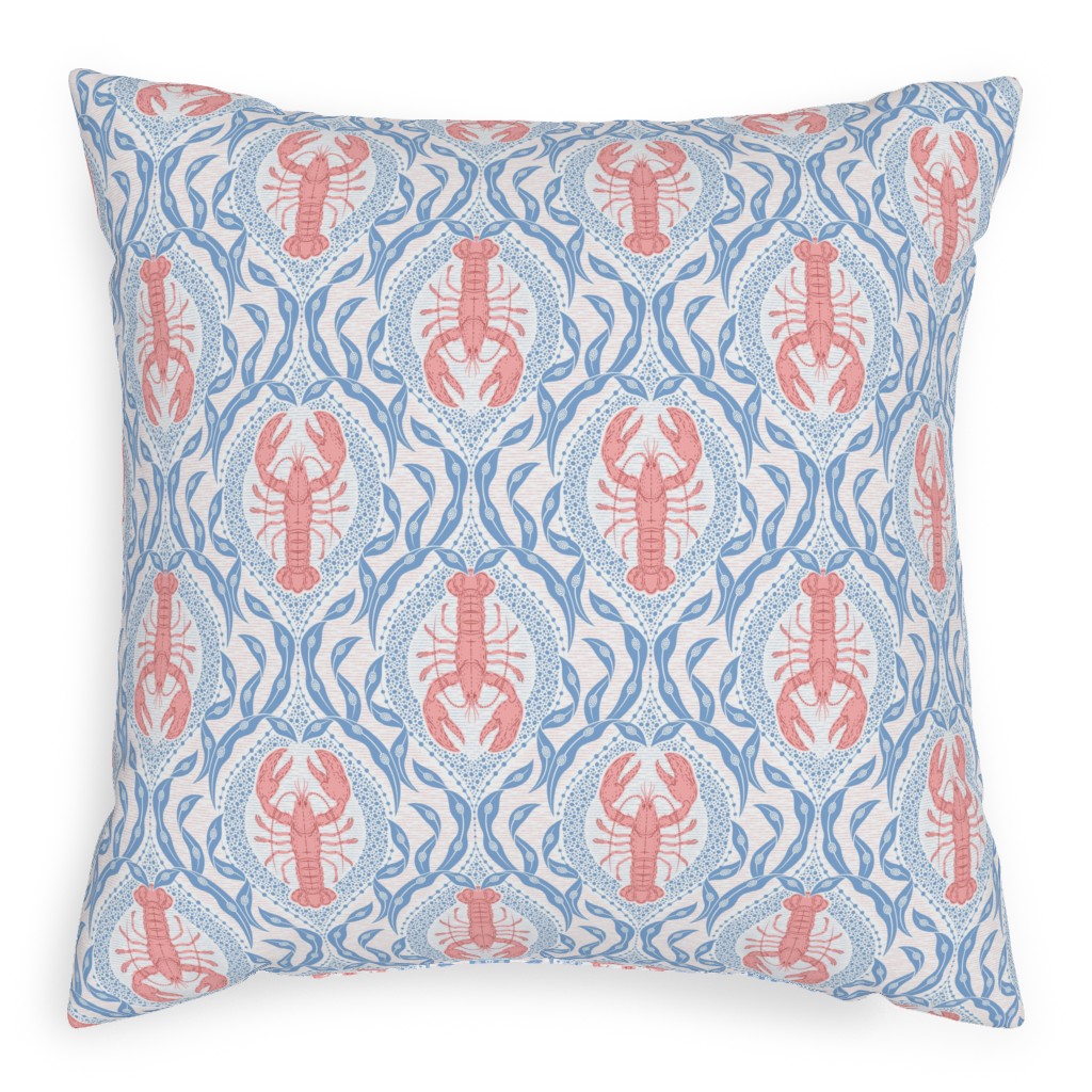Lobster and Seaweed Nautical Damask - White, Coral Pink and Cornflower Blue Outdoor Pillow, 20x20, Double Sided, Blue