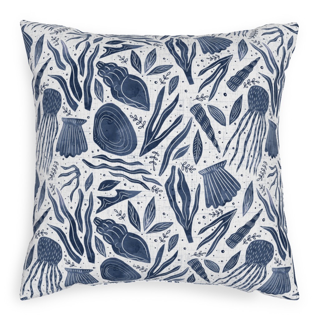 Sea Shells - Navy Outdoor Pillow, 20x20, Double Sided, Blue