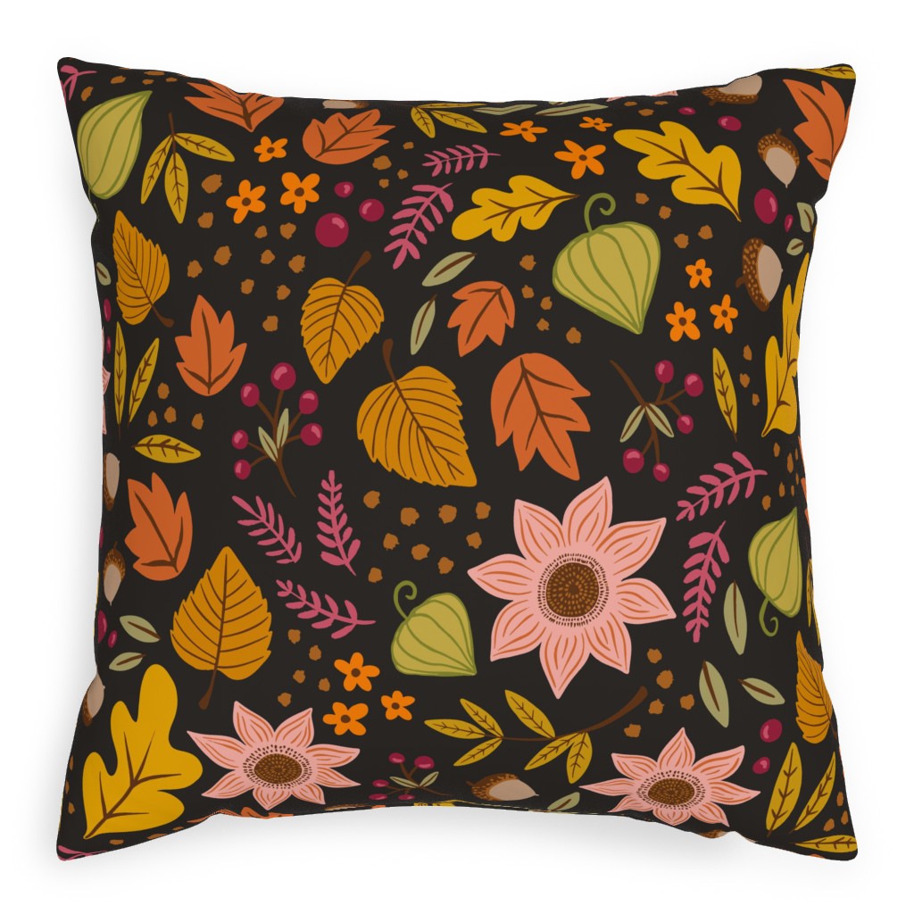 Autumn Fall Floral - Dark Outdoor Pillow, 20x20, Double Sided, Multicolor