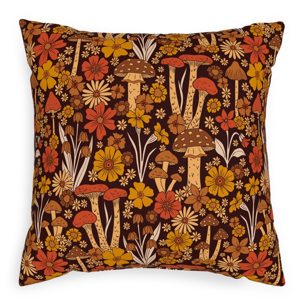 Retro 1970s Mushroom & Flowers - Brown and Orange Outdoor Pillow, 20x20, Double Sided, Orange