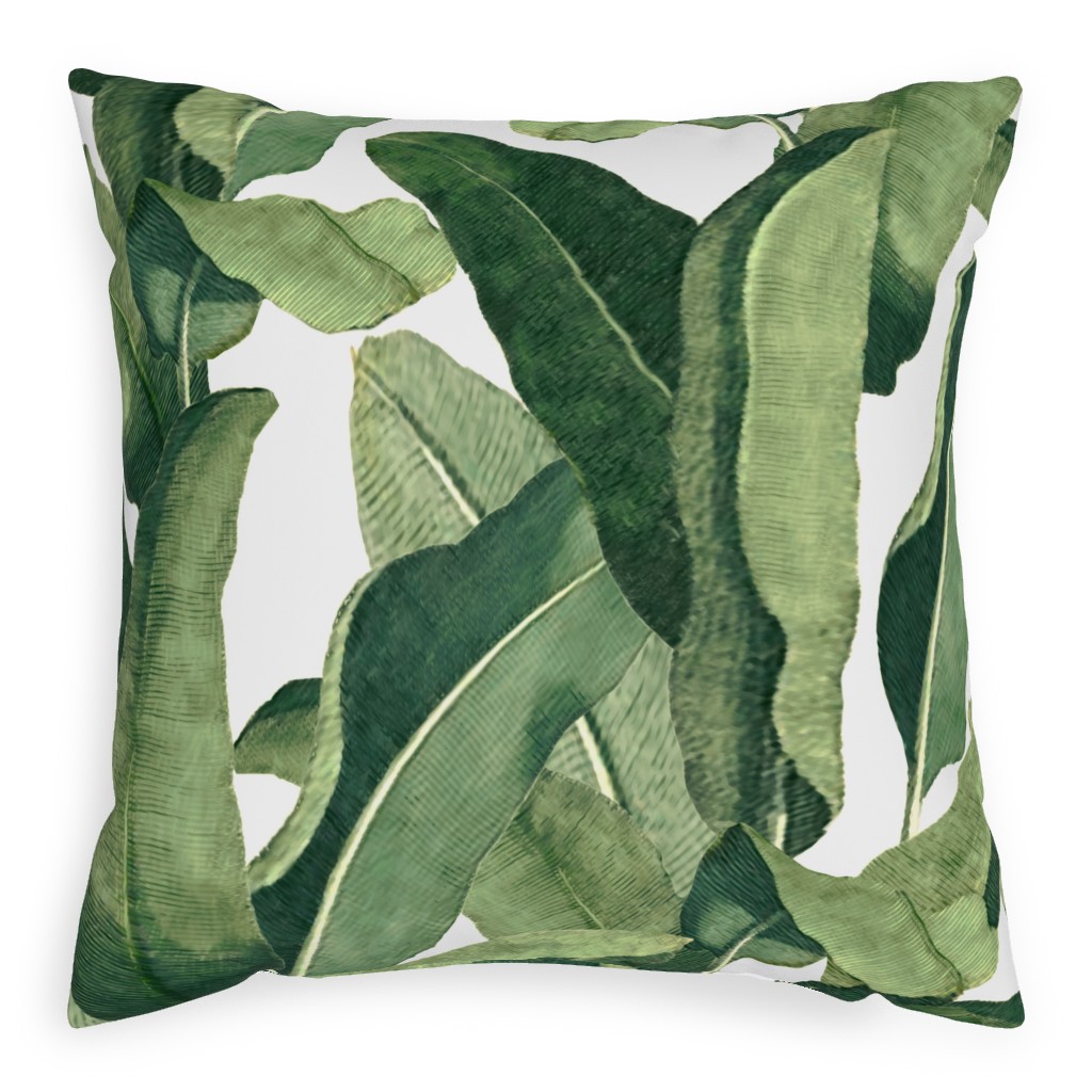 Tropical Leaves - Greens on White Outdoor Pillow, 20x20, Double Sided, Green
