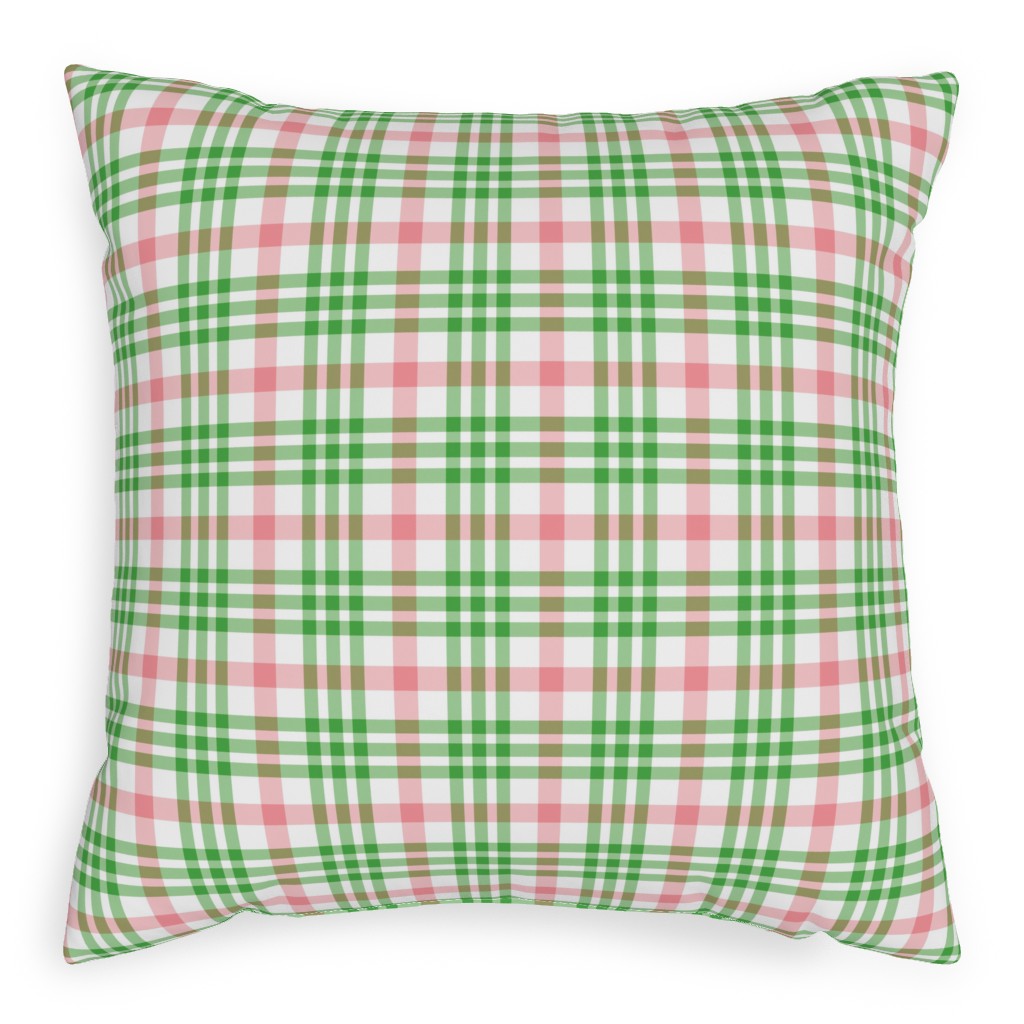 Pink, Green, and White Plaid Outdoor Pillow, 20x20, Double Sided, Green