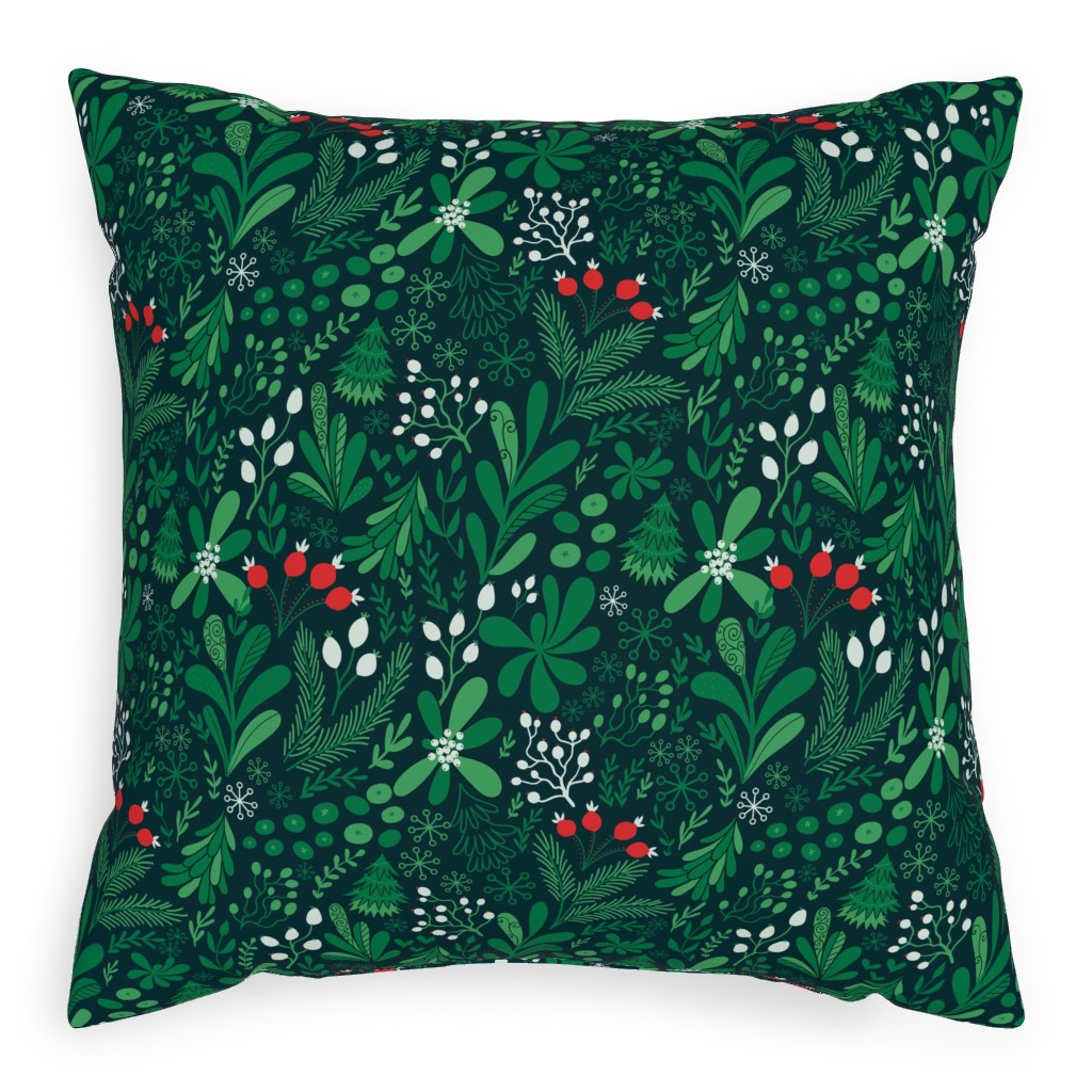 Merry Christmas Botanical - Green Outdoor Pillow, 20x20, Double Sided, Green