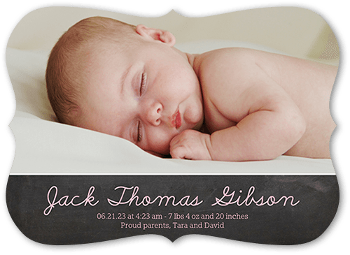 Softly Scripted Birth Announcement, Black, 5x7, Pearl Shimmer Cardstock, Bracket