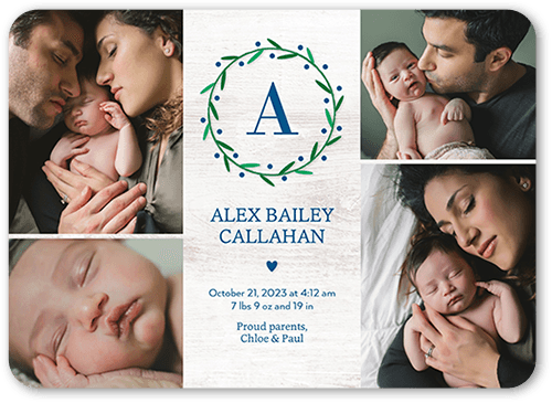 Monogram Laurel Birth Announcement, Blue, 5x7 Flat, Pearl Shimmer Cardstock, Rounded