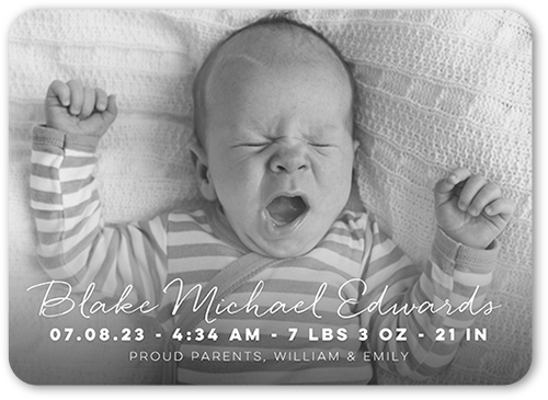 Light Script Birth Announcement, White, 5x7 Flat, Standard Smooth Cardstock, Rounded