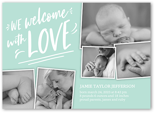 Fun Welcome Birth Announcement, Green, 5x7 Flat, Signature Smooth Cardstock, Square