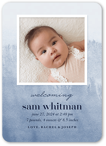 Earthen Pastels Birth Announcement, Blue, 5x7 Flat, Pearl Shimmer Cardstock, Rounded