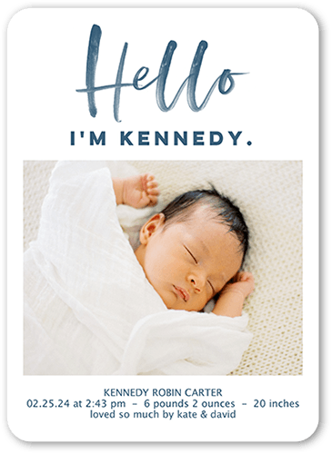 Hello Script Birth Announcement, Blue, 5x7 Flat, Signature Smooth Cardstock, Rounded