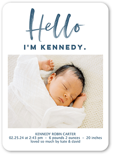 Hello Script Birth Announcement, Blue, 5x7 Flat, Pearl Shimmer Cardstock, Rounded