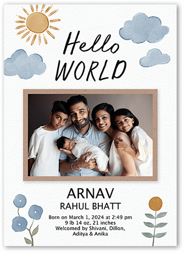 Sunny Flowers Birth Announcement, White, 5x7 Flat, Standard Smooth Cardstock, Square