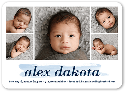 Watercolor Swatch Birth Announcement, Blue, 5x7 Flat, Pearl Shimmer Cardstock, Rounded, Navy