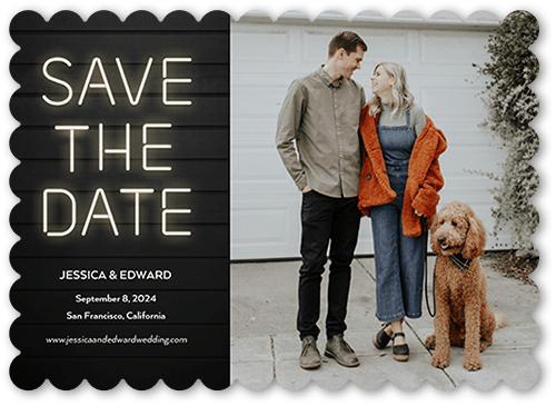 Neon Type Save The Date, Black, 5x7 Flat, Pearl Shimmer Cardstock, Scallop